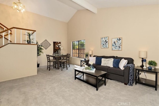 650 Bull Frog Cir, Walnut, CA 91789 - living area with carpet flooring, high vaulted ceiling, beamed ceiling, and a chandelier
