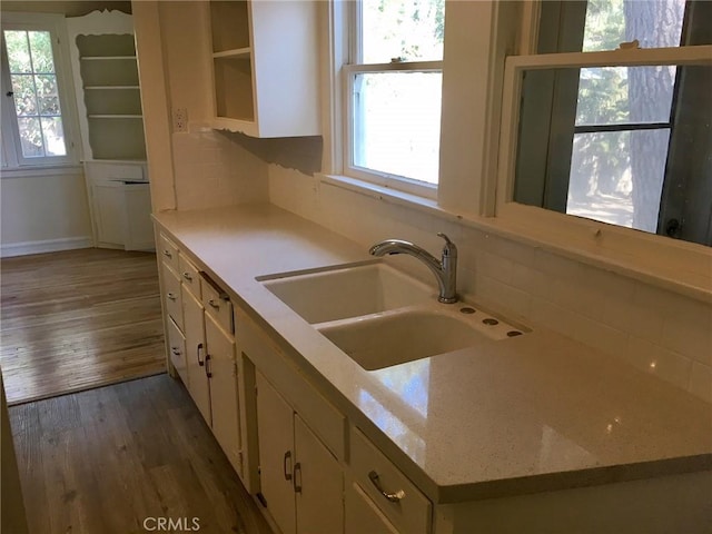 11958 Sarah St, Valley Village, CA 91607 - kitchen with a sink, dark wood finished floors, backsplash, and open shelves