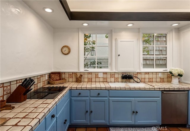 1305 E Balboa Blvd, Newport Beach, CA 92661 - kitchen with tile counters, blue cabinetry, black electric cooktop, a sink, and backsplash