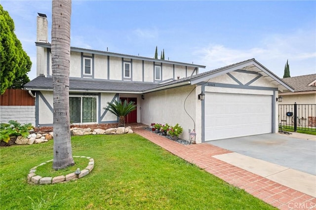 20028 Strathern St, Winnetka, CA 91306 - tudor-style house with concrete driveway, an attached garage, a chimney, stucco siding, and roof with shingles