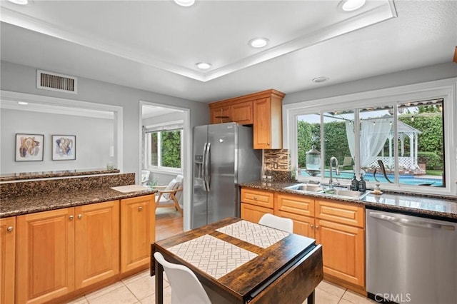 20028 Strathern St, Winnetka, CA 91306 - kitchen featuring appliances with stainless steel finishes, a sink, plenty of natural light, a tray ceiling, and recessed lighting