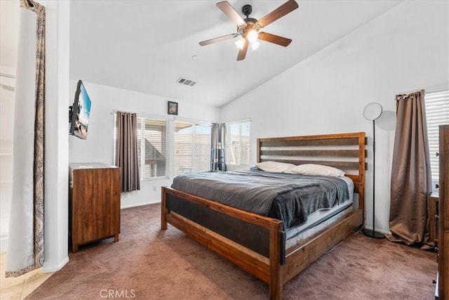 1331 Nicholas Ct, Rialto, CA 92377 - bedroom with carpet floors, vaulted ceiling, baseboards, and ceiling fan