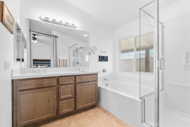 1331 Nicholas Ct, Rialto, CA 92377 - bathroom with a stall shower, a bath, double vanity, tile patterned flooring, and ceiling fan