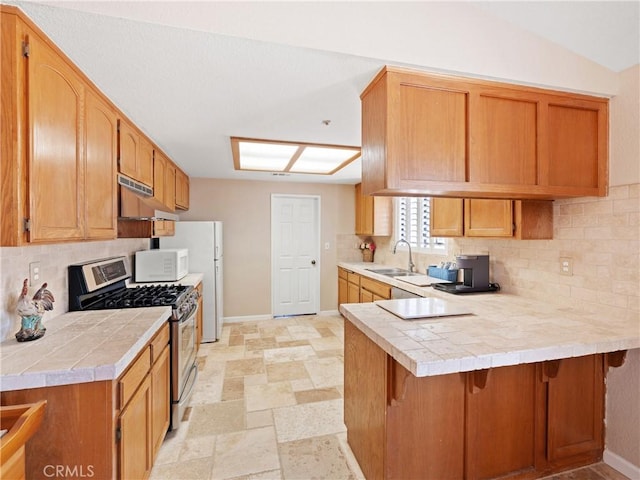 13044 Smith Rd, Phelan, CA 92371 - kitchen featuring white appliances, under cabinet range hood, a sink, baseboards, and decorative backsplash