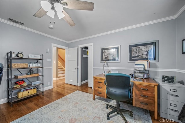 536 W Palm Dr, Arcadia, CA 91007 - office with wood finished floors, crown molding, baseboards, and ceiling fan