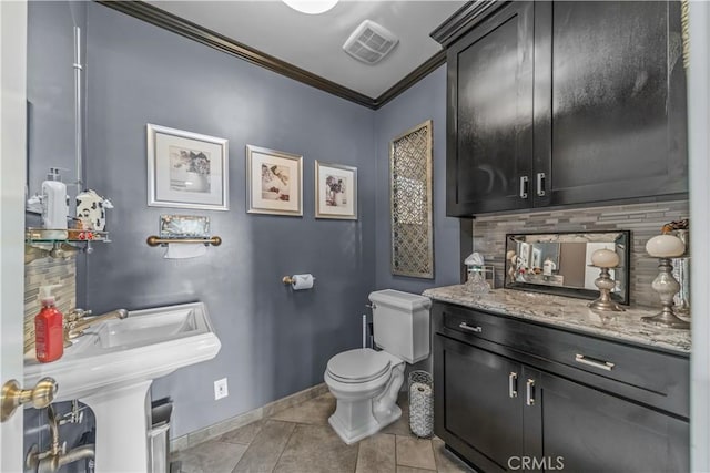 536 W Palm Dr, Arcadia, CA 91007 - bathroom with ornamental molding, backsplash, toilet, and baseboards