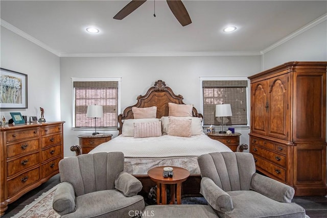 536 W Palm Dr, Arcadia, CA 91007 - bedroom with ornamental molding, ceiling fan, and recessed lighting