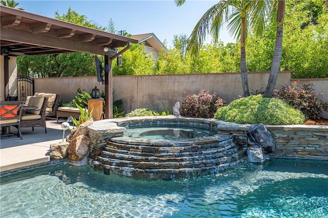536 W Palm Dr, Arcadia, CA 91007 - view of pool with a fenced backyard, a pool with connected hot tub, and a patio