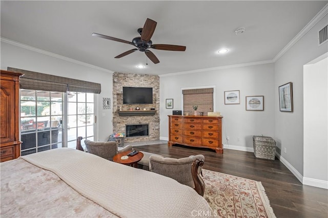 536 W Palm Dr, Arcadia, CA 91007 - bedroom with a stone fireplace, ornamental molding, dark wood-style flooring, baseboards, and recessed lighting