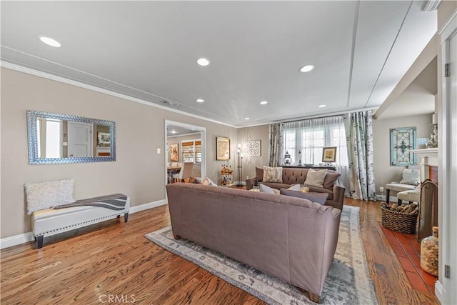 536 W Palm Dr, Arcadia, CA 91007 - living room featuring wood finished floors, ornamental molding, recessed lighting, baseboards, and a fireplace