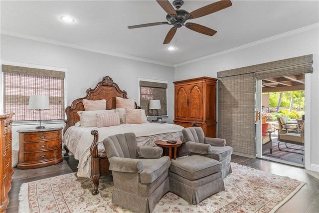 536 W Palm Dr, Arcadia, CA 91007 - bedroom featuring access to outside, crown molding, wood finished floors, recessed lighting, and ceiling fan