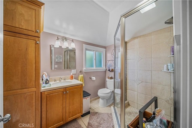 536 W Palm Dr, Arcadia, CA 91007 - bathroom featuring a shower stall, vanity, tile patterned flooring, and toilet