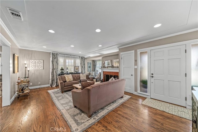 536 W Palm Dr, Arcadia, CA 91007 - living room featuring ornamental molding, wood finished floors, recessed lighting, a fireplace, and baseboards