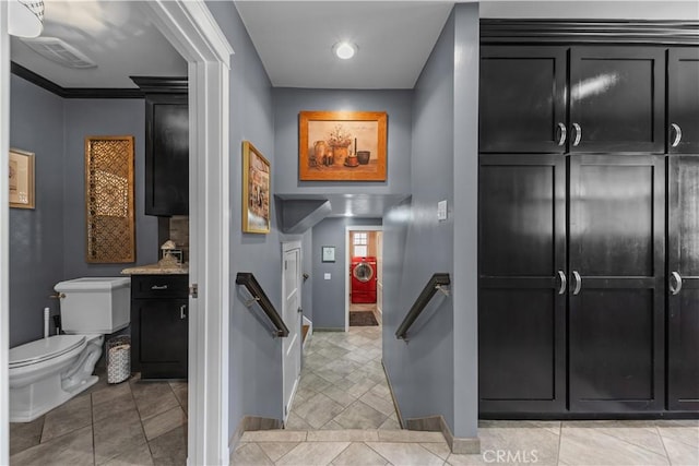 536 W Palm Dr, Arcadia, CA 91007 - hallway featuring baseboards and an upstairs landing
