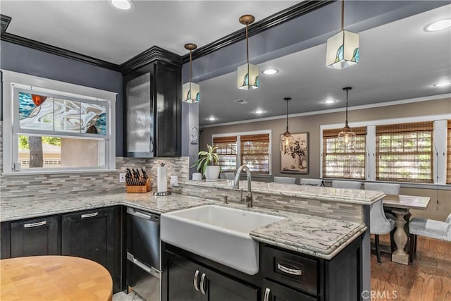 536 W Palm Dr, Arcadia, CA 91007 - kitchen with a sink, crown molding, dark cabinetry, wood finished floors, and decorative backsplash