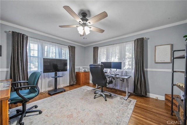 536 W Palm Dr, Arcadia, CA 91007 - home office featuring healthy amount of natural light, ceiling fan, crown molding, wood finished floors, and baseboards