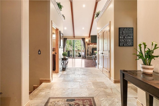 781 Brentwood Dr, Lake Arrowhead, CA 92352 - hallway featuring stone tile flooring and recessed lighting