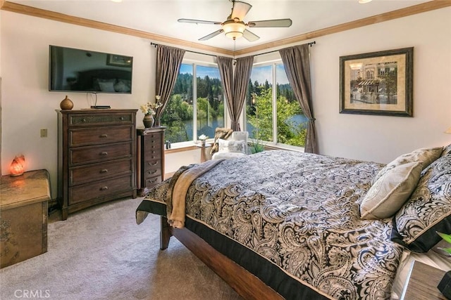 781 Brentwood Dr, Lake Arrowhead, CA 92352 - bedroom with carpet, crown molding, and ceiling fan