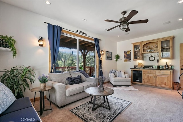 781 Brentwood Dr, Lake Arrowhead, CA 92352 - living room featuring light carpet, bar with sink, a ceiling fan, recessed lighting, and beverage cooler