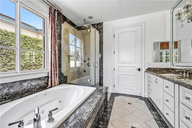 443 W Longden Ave, Arcadia, CA 91007 - full bath with a stall shower, double vanity, a whirlpool tub, and tile patterned flooring