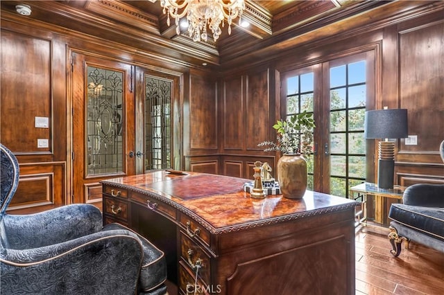 443 W Longden Ave, Arcadia, CA 91007 - home office with french doors, plenty of natural light, ornamental molding, wooden ceiling, and a chandelier