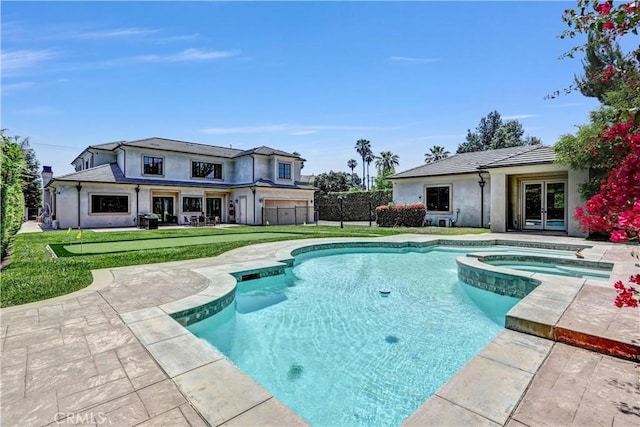 443 W Longden Ave, Arcadia, CA 91007 - view of swimming pool featuring french doors, a pool with connected hot tub, a patio, and a putting area