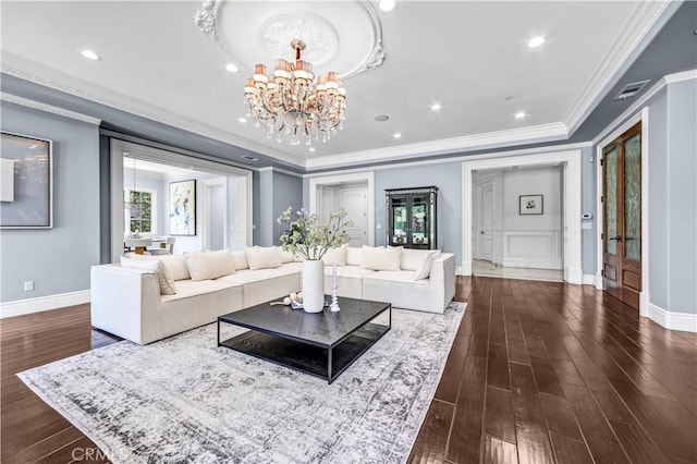 443 W Longden Ave, Arcadia, CA 91007 - living area featuring a chandelier, wood finished floors, baseboards, and ornamental molding