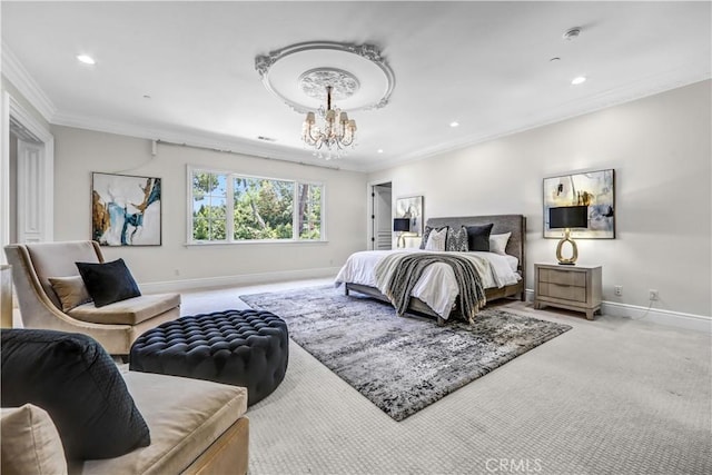 443 W Longden Ave, Arcadia, CA 91007 - bedroom with ornamental molding, baseboards, a chandelier, carpet flooring, and recessed lighting