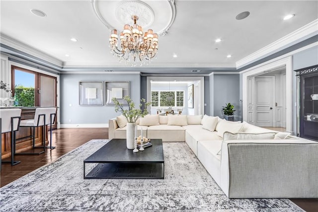 443 W Longden Ave, Arcadia, CA 91007 - living room with ornamental molding, a chandelier, wood finished floors, baseboards, and recessed lighting