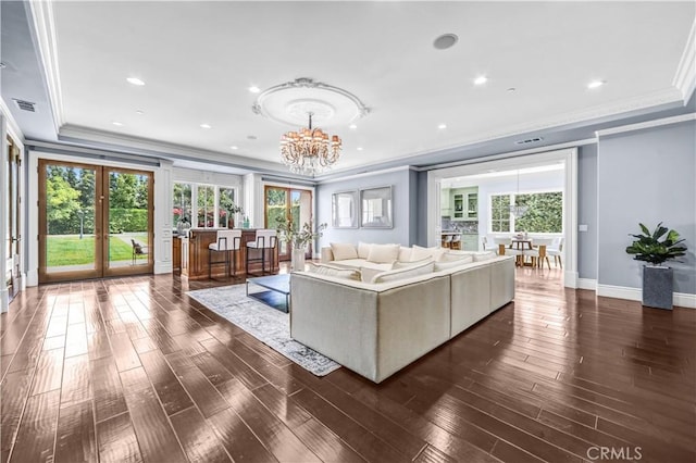 443 W Longden Ave, Arcadia, CA 91007 - living room featuring ornamental molding, a chandelier, baseboards, dark wood-style flooring, and recessed lighting