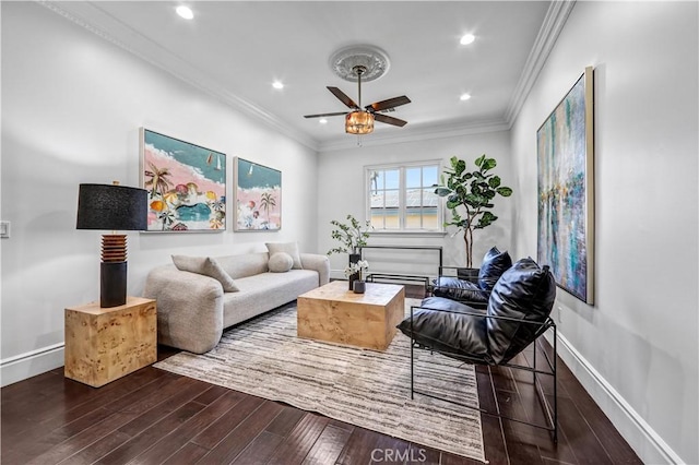 443 W Longden Ave, Arcadia, CA 91007 - living area featuring a ceiling fan, wood finished floors, crown molding, baseboards, and recessed lighting