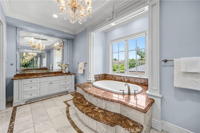 443 W Longden Ave, Arcadia, CA 91007 - full bath featuring a chandelier, vanity, a bath, crown molding, and inlaid floor details