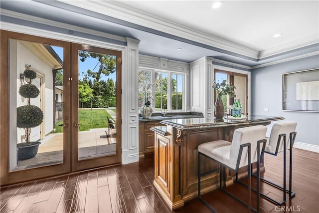 443 W Longden Ave, Arcadia, CA 91007 - bar area featuring dark wood finished floors, ornamental molding, french doors, recessed lighting, and a sink