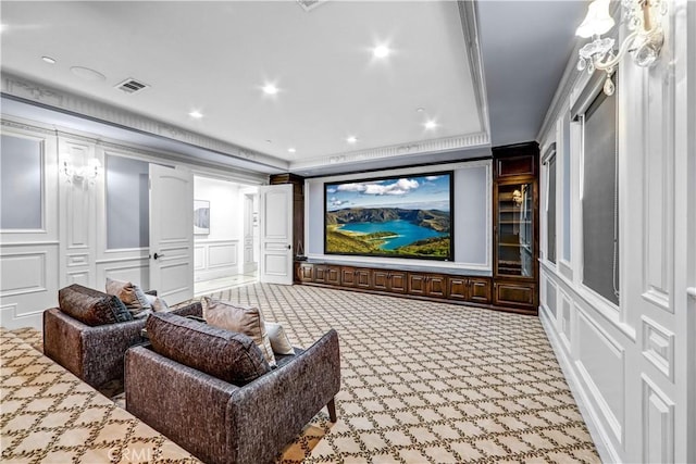 443 W Longden Ave, Arcadia, CA 91007 - cinema room featuring a decorative wall, carpet flooring, recessed lighting, and crown molding
