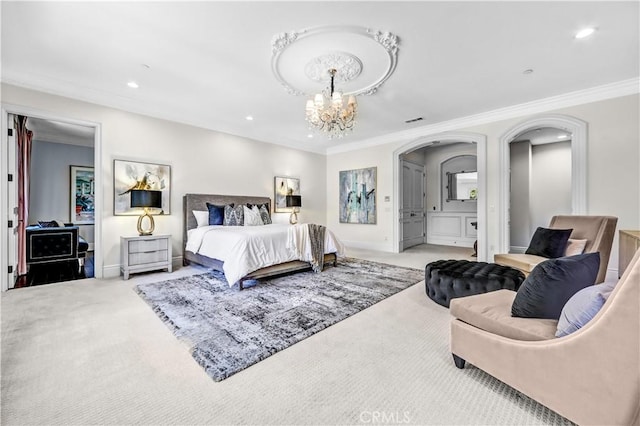443 W Longden Ave, Arcadia, CA 91007 - carpeted bedroom with arched walkways, crown molding, a chandelier, recessed lighting, and baseboards