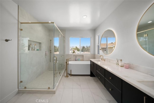 1941 Devaul Ranch Dr, San Luis Obispo, CA 93405 - bathroom with a soaking tub, a marble finish shower, double vanity, and recessed lighting