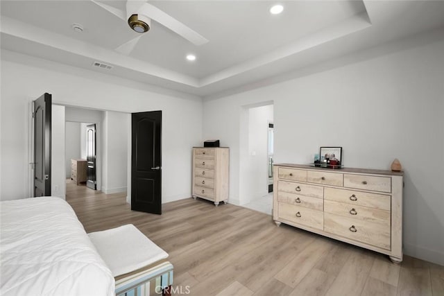 1941 Devaul Ranch Dr, San Luis Obispo, CA 93405 - bedroom with a raised ceiling, light wood-style floors, recessed lighting, baseboards, and ceiling fan
