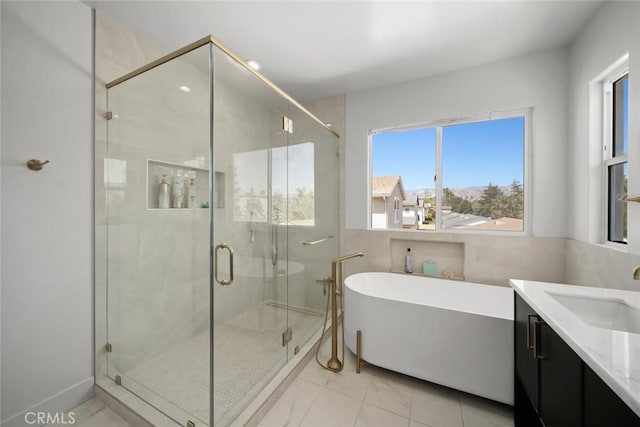 1941 Devaul Ranch Dr, San Luis Obispo, CA 93405 - full bath featuring a soaking tub, vanity, a stall shower, and marble look tiles