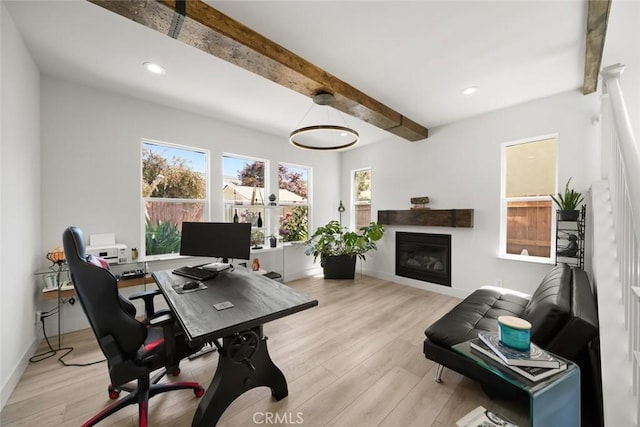 1941 Devaul Ranch Dr, San Luis Obispo, CA 93405 - home office featuring beamed ceiling, plenty of natural light, wood finished floors, a glass covered fireplace, and recessed lighting