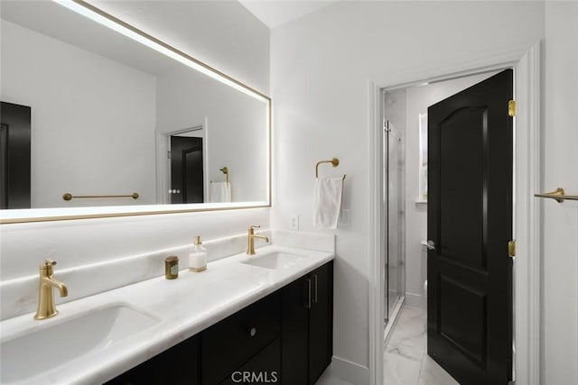 1941 Devaul Ranch Dr, San Luis Obispo, CA 93405 - bathroom with marble look tile flooring, double vanity, a shower stall, and baseboards