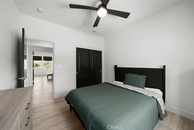 1941 Devaul Ranch Dr, San Luis Obispo, CA 93405 - bedroom with baseboards, light wood finished floors, a closet, and ceiling fan