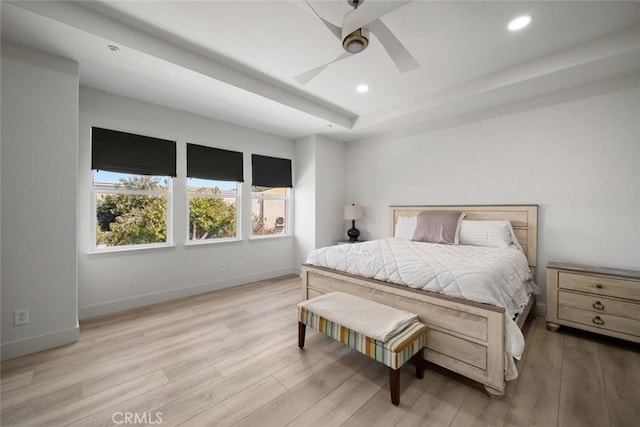 1941 Devaul Ranch Dr, San Luis Obispo, CA 93405 - bedroom featuring light wood-style flooring, baseboards, recessed lighting, a raised ceiling, and a ceiling fan