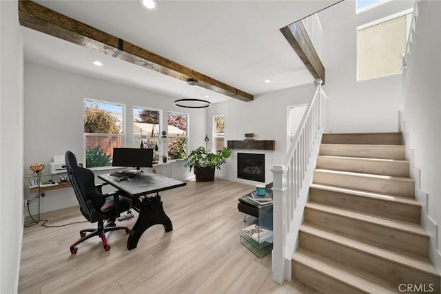 1941 Devaul Ranch Dr, San Luis Obispo, CA 93405 - home office featuring beamed ceiling, wood finished floors, recessed lighting, and a glass covered fireplace