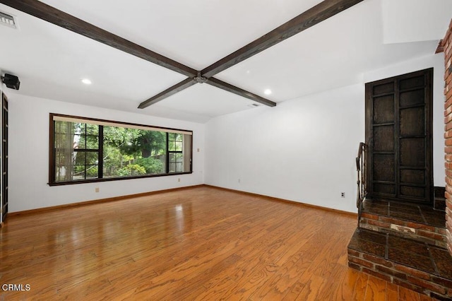 1139 Fairview Dr, La Canada Flintridge, CA 91011 - unfurnished room with beamed ceiling, baseboards, wood finished floors, and recessed lighting