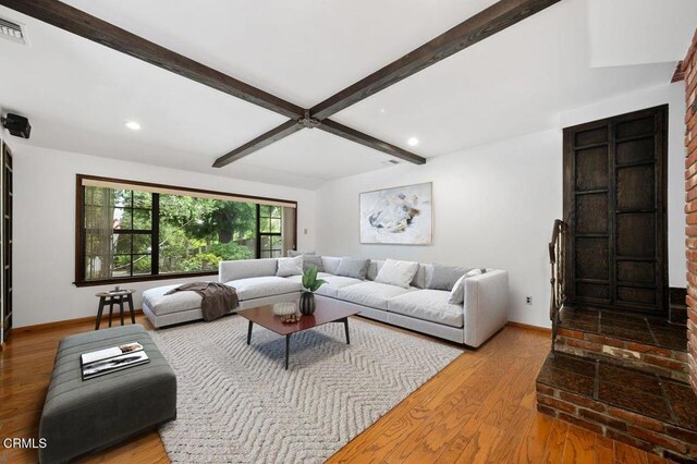 1139 Fairview Dr, La Canada Flintridge, CA 91011 - living area featuring beamed ceiling, wood finished floors, recessed lighting, and baseboards