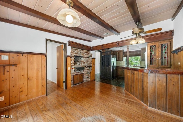 1139 Fairview Dr, La Canada Flintridge, CA 91011 - kitchen featuring wooden ceiling with exposed beams, hardwood / wood-style floors, ceiling fan, refrigerator with ice dispenser, and a peninsula