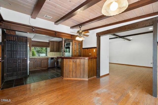 1139 Fairview Dr, La Canada Flintridge, CA 91011 - kitchen with appliances with stainless steel finishes, dark wood-style floors, wooden ceiling with exposed beams, ceiling fan, and open floor plan