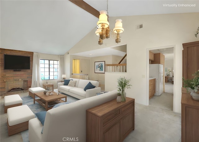 6237 Birdie Dr, La Verne, CA 91750 - living area featuring a chandelier, high vaulted ceiling, light colored carpet, and a fireplace