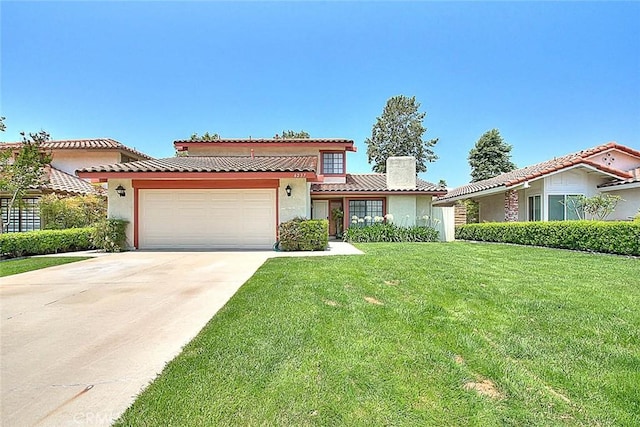 6237 Birdie Dr, La Verne, CA 91750 - mediterranean / spanish home with stucco siding, an attached garage, a chimney, and a front yard