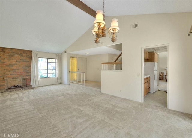 6237 Birdie Dr, La Verne, CA 91750 - unfurnished living room with a chandelier, light colored carpet, high vaulted ceiling, a brick fireplace, and beamed ceiling